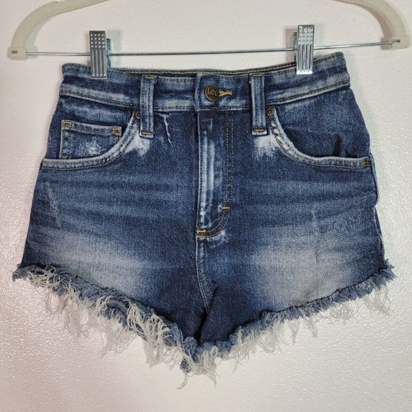 Lee High Rise Cut Off Shorts  24 Lightly Distressed Dark Wash Pockets Stretch - Picture 2 of 6